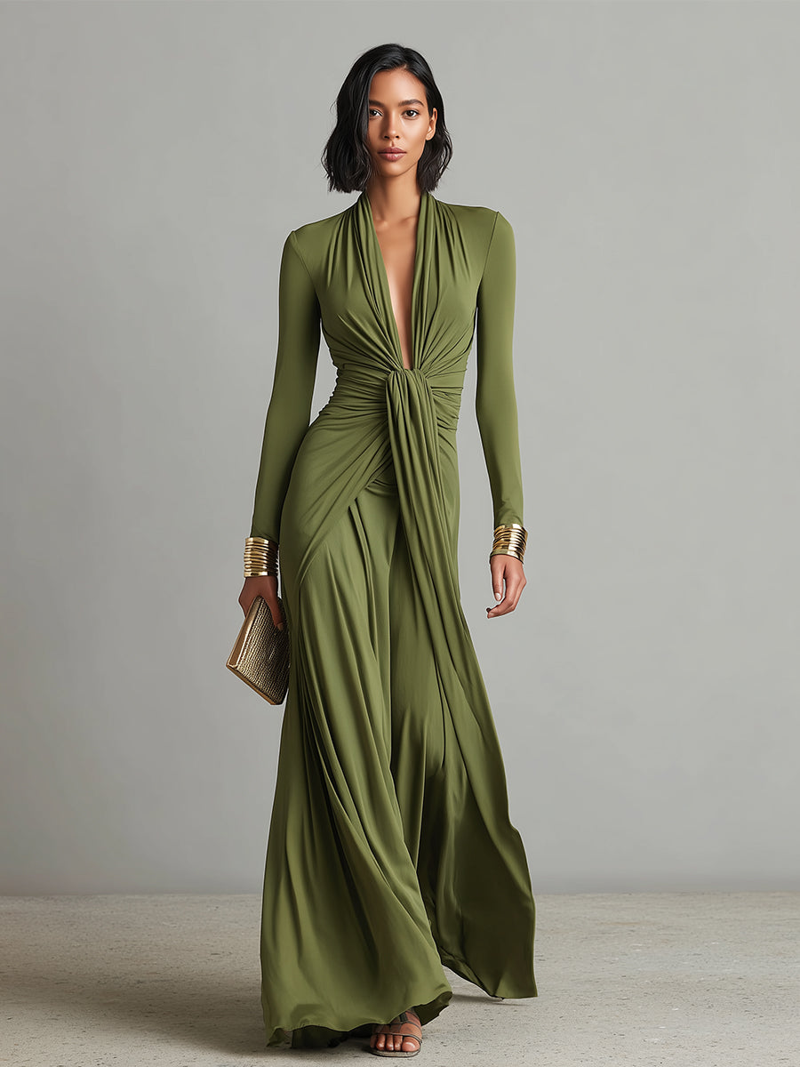 Olivgrünes Seiden-Maxikleid mit V-Ausschnitt