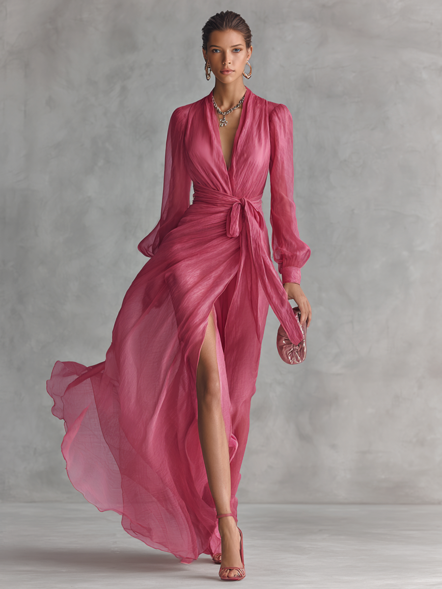 Rosa Chiffon Kleid V-Ausschnitt