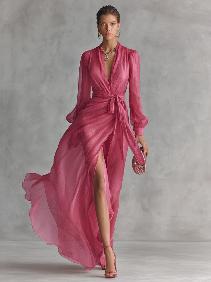 Rosa Chiffon Kleid V-Ausschnitt