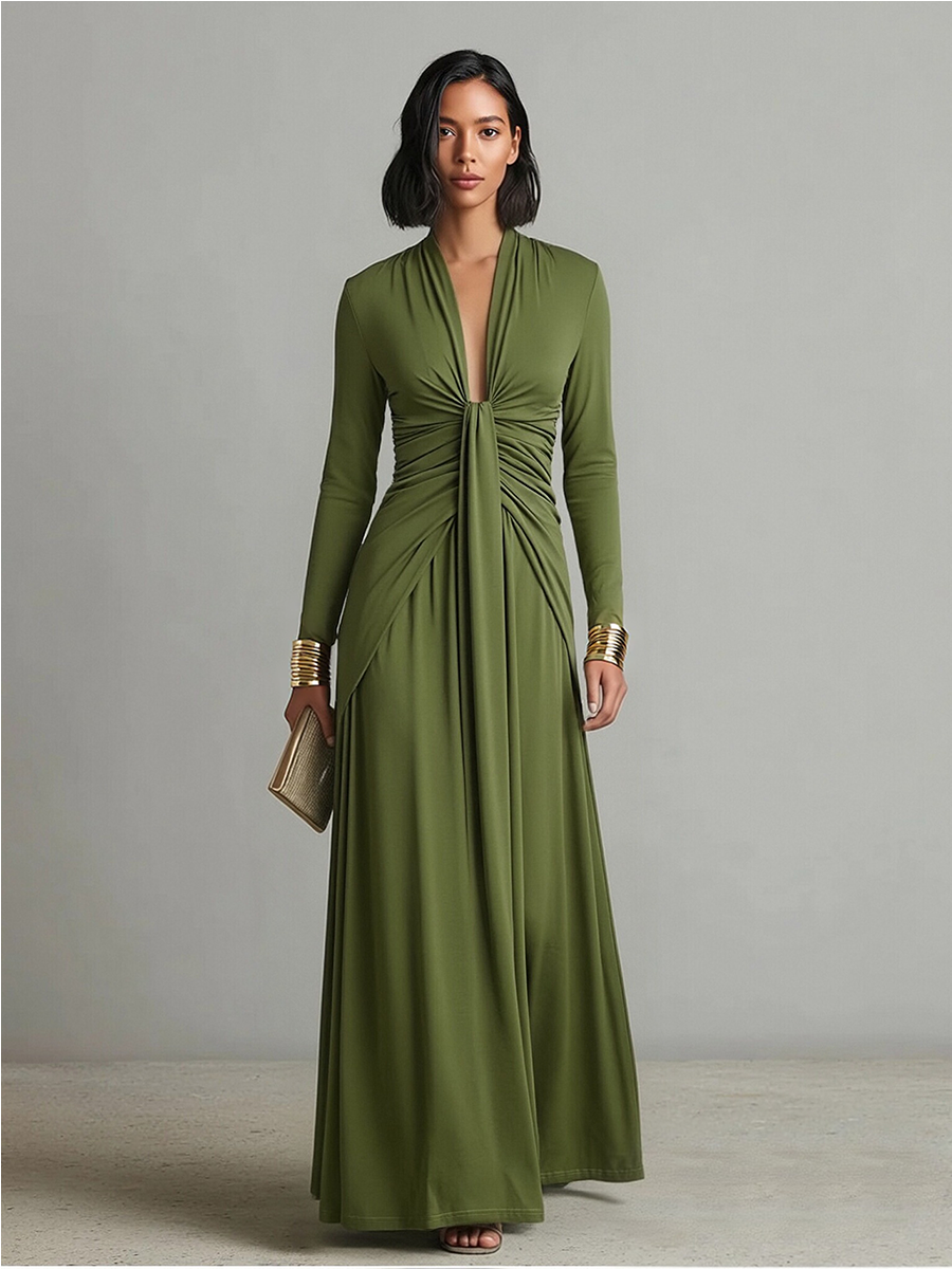 Olivgrünes Seiden-Maxikleid mit V-Ausschnitt