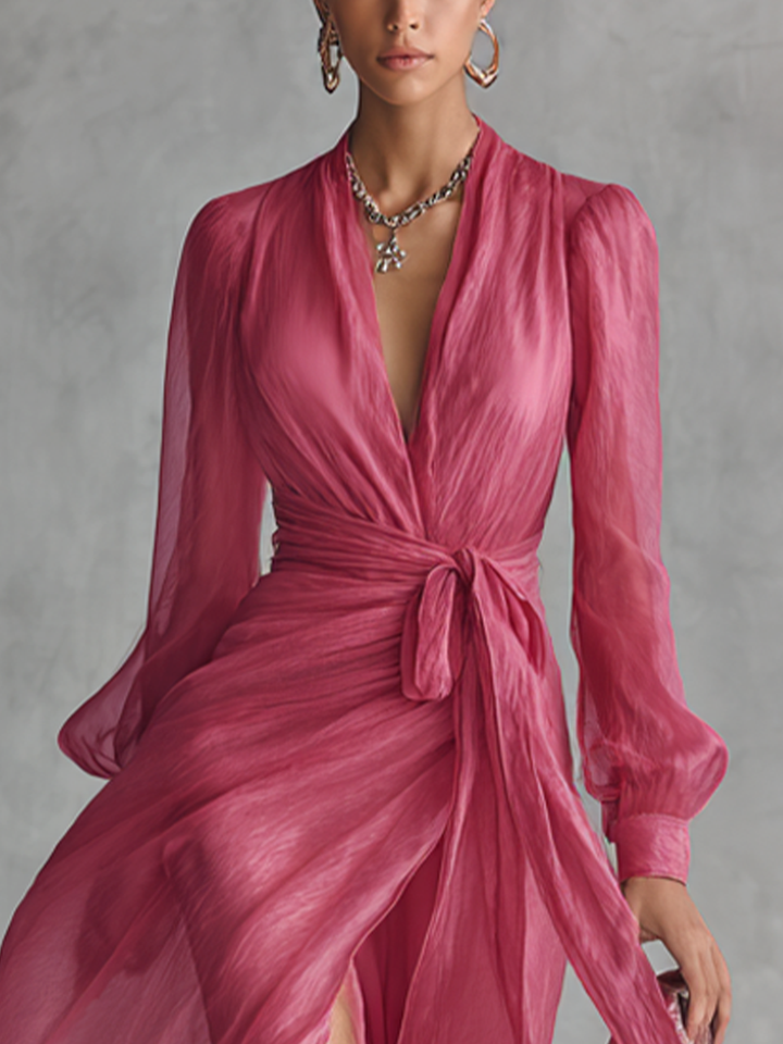 Rosa Chiffon Kleid V-Ausschnitt