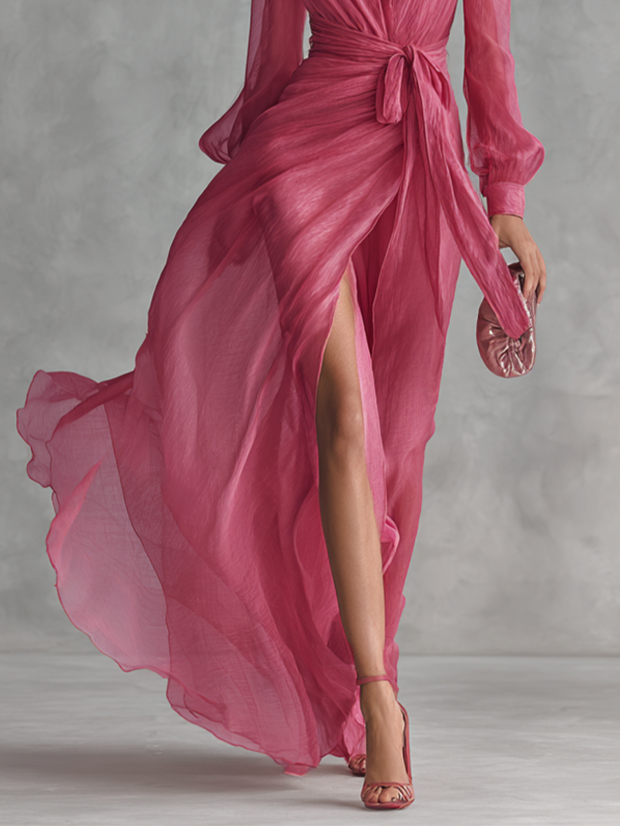 Rosa Chiffon Kleid V-Ausschnitt