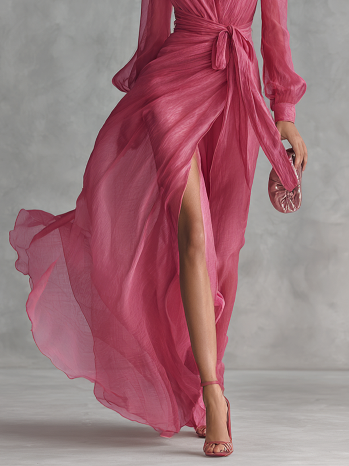 Rosa Chiffon Kleid V-Ausschnitt