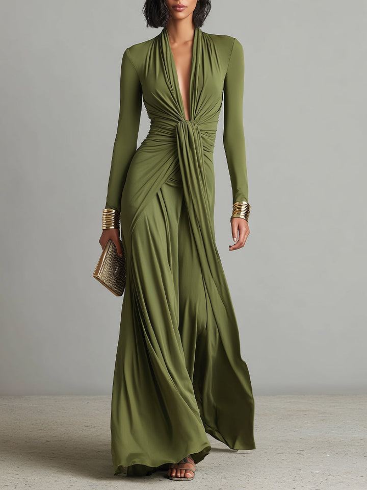 Olivgrünes Seiden-Maxikleid mit V-Ausschnitt