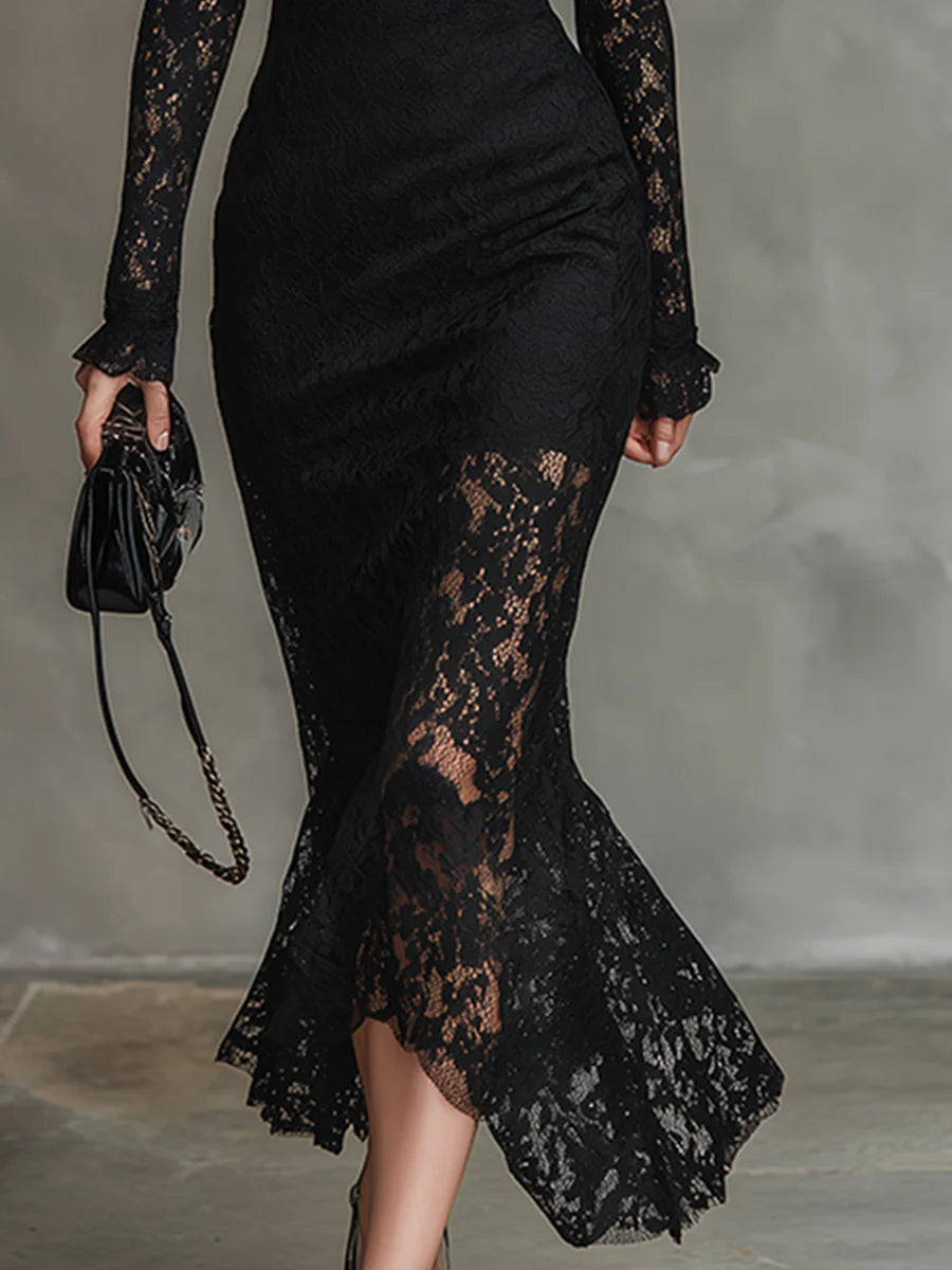 Veronika | Schwarzes Spitzen-Maxikleid