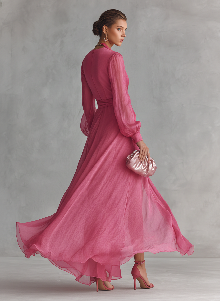 Rosa Chiffon Kleid V-Ausschnitt
