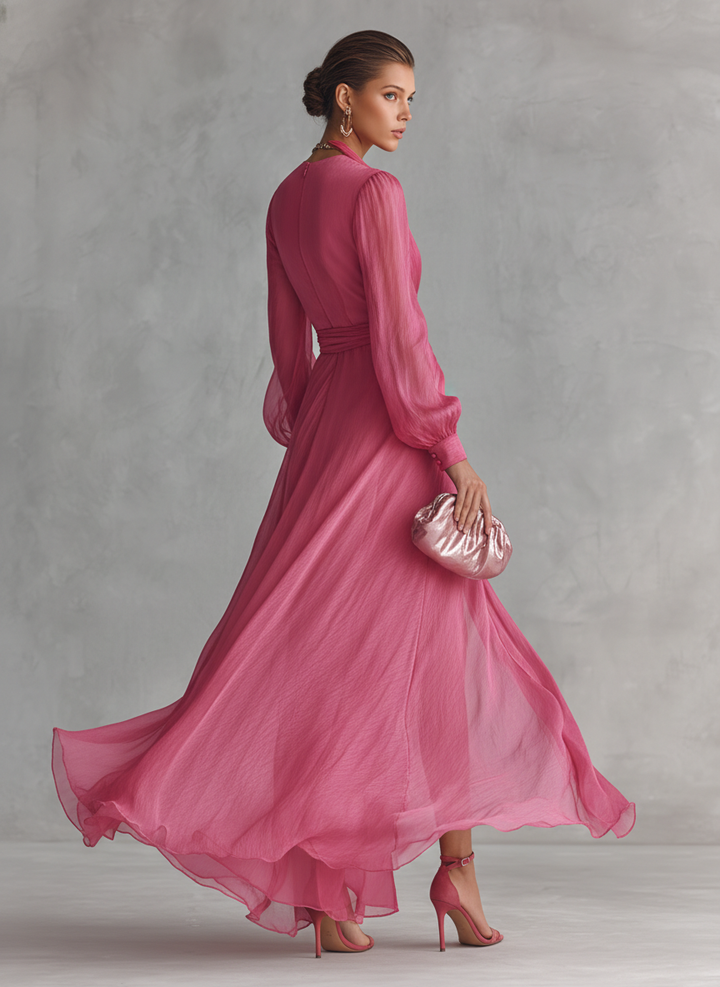Rosa Chiffon Kleid V-Ausschnitt