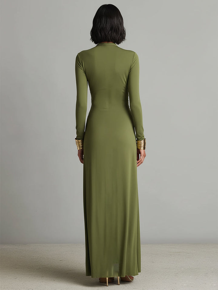 Olivgrünes Seiden-Maxikleid mit V-Ausschnitt